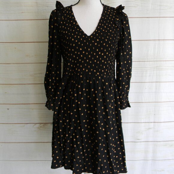 MADEWELL BLACK/TAN BABYDOLL V-NECK BOHO PLEAT RUFFLE SHORT DRESS SZ S - Picture 1 of 5